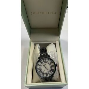 Judith Ripka Black CZ Accent Watch Mother of Pearl Dial Roman Numerals NIB